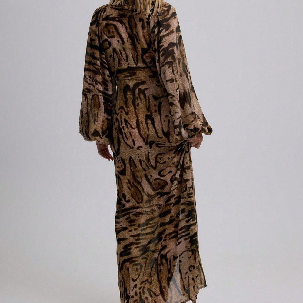 Brown Elegant Women's Zebra Print Deep V Neck Maxi Dress with Tassel Detail - Picture 3 of 6